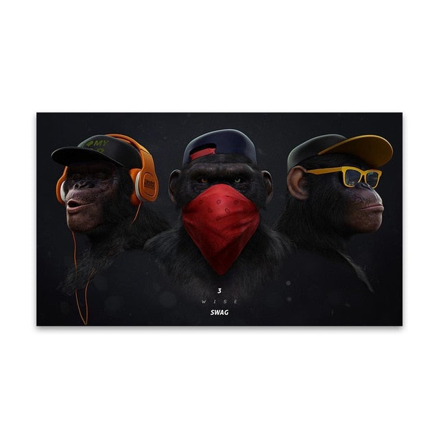 AAVV Painting Poster Canvas Wall Art Pictures Animal Chimps Earphone