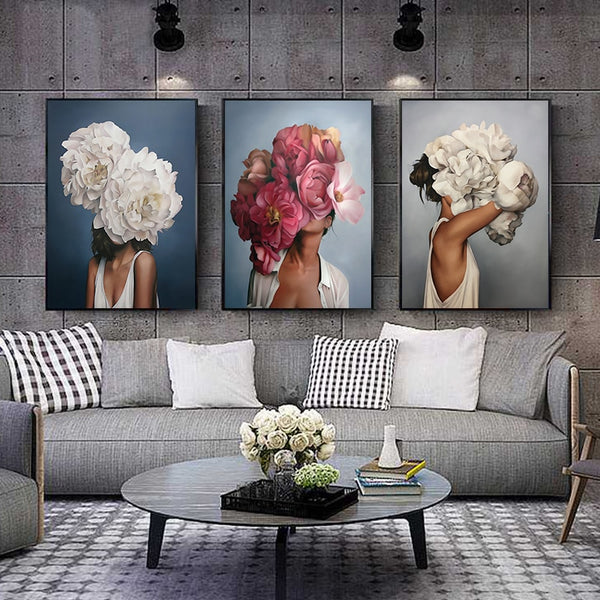 Flowers Feathers Woman Abstract Canvas Painting Wall Art Print Poster Picture