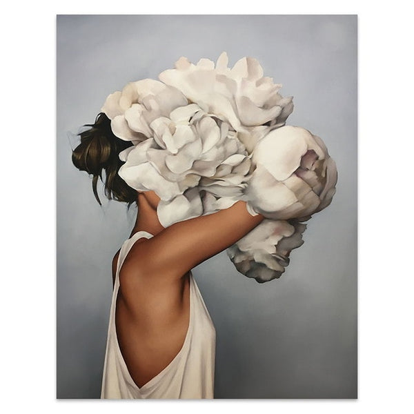 Flowers Feathers Woman Abstract Canvas Painting Wall Art Print Poster Picture