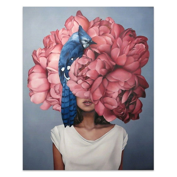 Flowers Feathers Woman Abstract Canvas Painting Wall Art Print Poster Picture