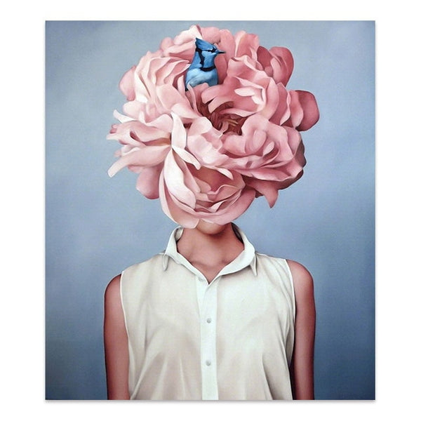 Flowers Feathers Woman Abstract Canvas Painting Wall Art Print Poster Picture