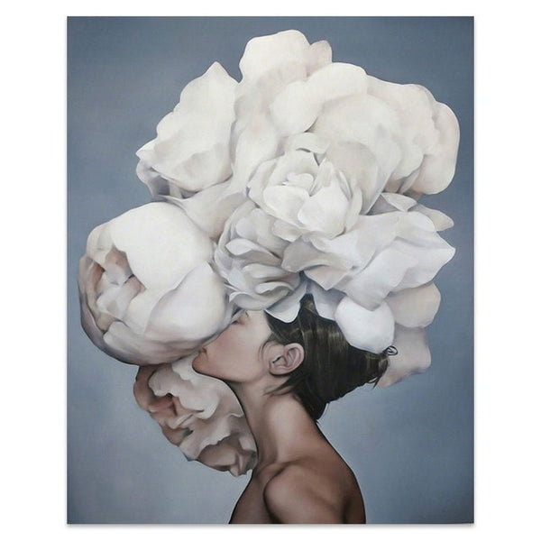 Flowers Feathers Woman Abstract Canvas Painting Wall Art Print Poster Picture