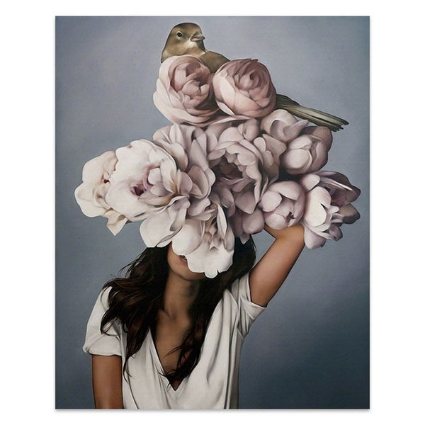 Flowers Feathers Woman Abstract Canvas Painting Wall Art Print Poster Picture